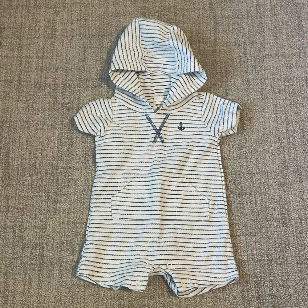 Carters Baby Boys Hooded Romper ⚓️ Nautical Vibes Summer Outfit! Size 3M
